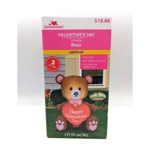 3 FT Valentine's Day Inflatable Bear Holding Heart Lighted Blow Up Yard Decor